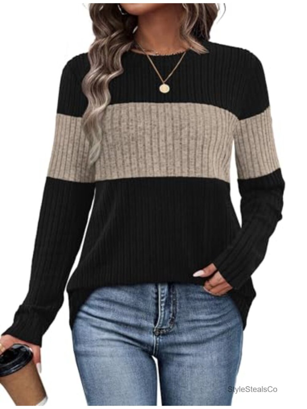 Women's Color Block Long Sleeve Lightweight Knit Pullover Sweater Top